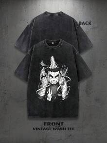 Men Black Washed Streetwear Brand Street 100 Percent Cotton T Shirt Rock Lees Anime Print And Text Casual Outfit For Daily Wear And Events Retro Heavyweight Tee Perfect Gift Loose Comfortable Breathable Machine Washable Fabric Hip Hop Cool Style Drippy Clothes Y2K - màu đen - Xem 2
