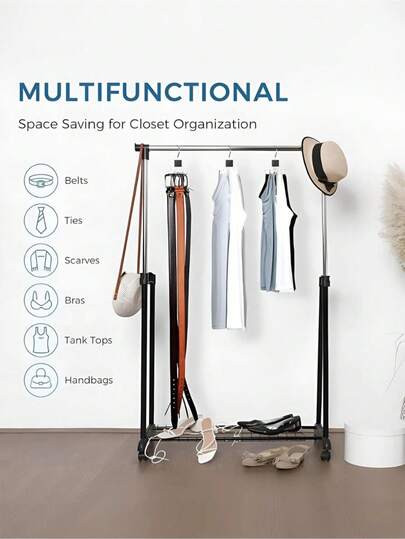 360°旋转腰带挂架 - 节省空间的多功能衣橱收纳架，专为收纳腰带、胸罩、领带、围巾、背心、钱包和其他配饰而设计，采用全方位可调节的旋转臂挂架，坚固耐用的钢结构，旋转顺畅，隐藏式挂钩系统，清晰的标签，易于组装，最大限度地利用了搁板和挂架空间，造型简洁流畅，方便取用，有效提升衣橱收纳效率。
