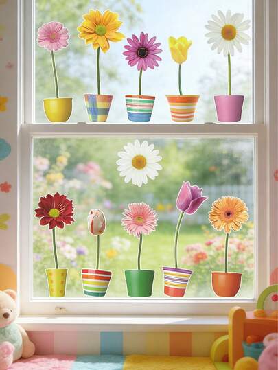 ملصق نافذة ديكور جداري نباتي وزهري ربيعي، ملصق فيني سهل التطبيق، صور نوافذ حديقة، زهور دوار وكرنبيط في أصص، مناسب للنوافذ الداخلية، مثالي لنوافذ غرف النوم وغرف المعيشة، ديكور عيد، يضيف سحرًا احتفاليًا للمنزل