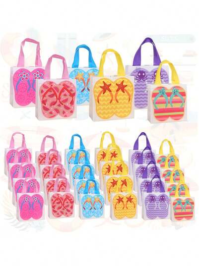 12pcs Hawaiian Tropical Beach Tote Bags, Tropical Beach Flip Flop Tote Bags, Non-Woven Fabric Summer Party Gift Bags With Handles, Tropical Flip Flop And Starfish Pattern Suitable For Luau Party, Birthday, Swimming Party Decoration (Vibrant Colors), Pool Party Favor Bags, Theme Party Bags, Beach Accessories, Holidays