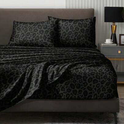 4pcs Leopard Print Bedding Set, Including 1pc Fitted Sheet, 1pc Flat Sheet, 2pcs Pillowcases (Pillow Insert Not Included). Fits King, Queen, Full, Twin Size Mattress Up To 11.8 Inches Deep. Soft, Breathable, Wrinkle-Resistant, Luxury Hotel Style, Suitable As Gift For Mom, Dad, Friends