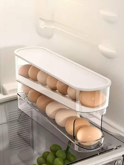 1pc New Egg Holder Rack, Rolling Egg Storage Box, Refrigerator Organizer With Cover For Kitchen Freezer Side Door