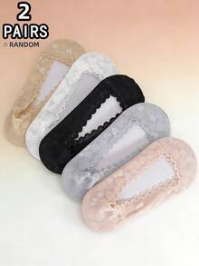 5/2/1 par de calcetines de barco de verano para mujer con patrón de corazón aleatorio de encaje, calcetines invisibles y transparentes de corte bajo - Multicolor - Ver 14