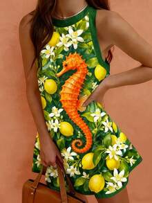 Women's Casual Vacation Seahorse & Lemon Fruit Print Sleeveless Slip Dress, Spring/Summer - Multicolor - View 1