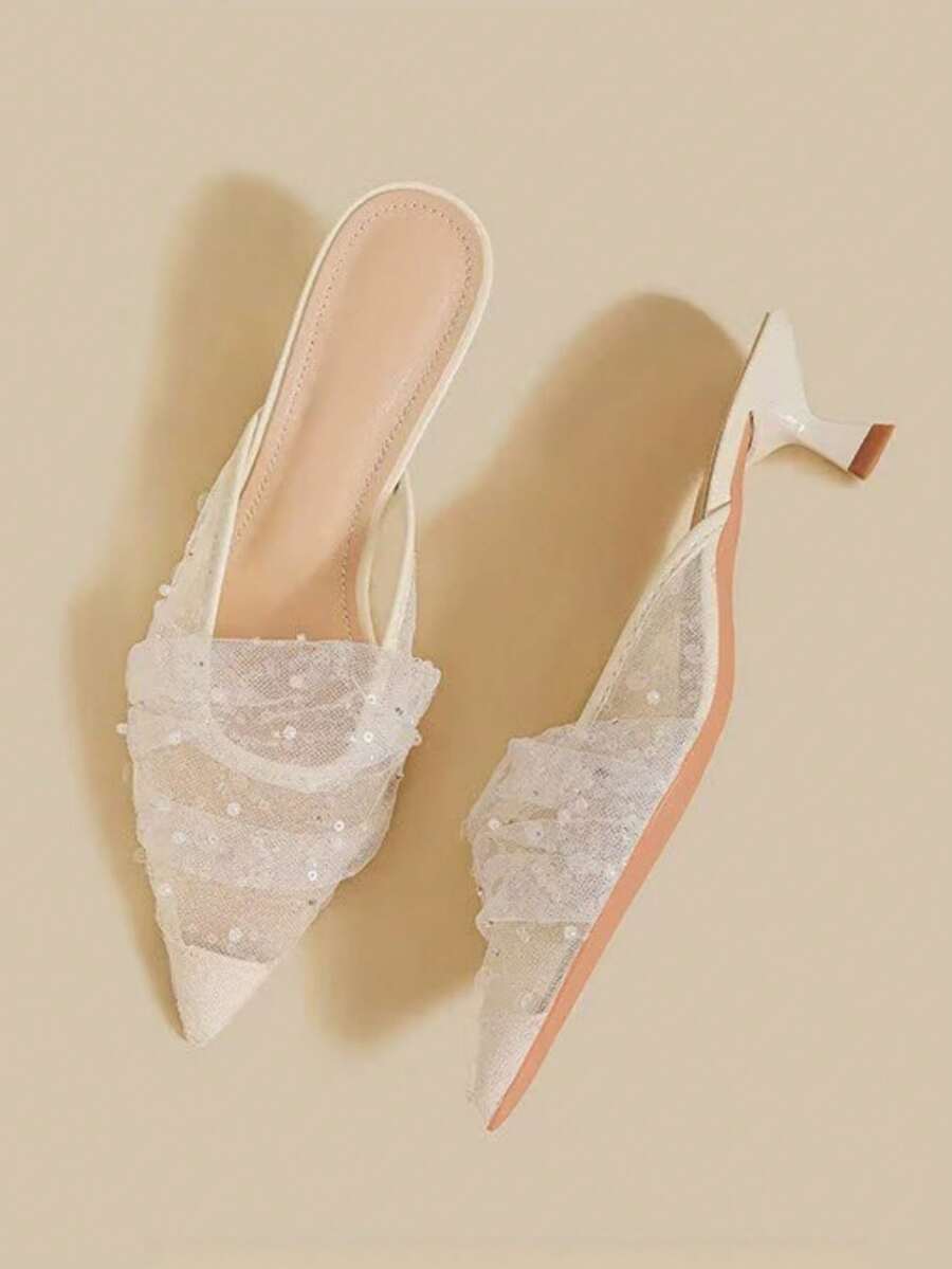 French Mesh Closed Toe Mule Sandals For Women, Pointed Toe Elegant Stiletto High Heel Slip-On Shoes For Summer - White - View 1
