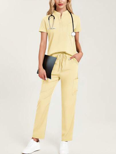 Women's Navy Blue Scrub Suit Set, Made Of High-Quality Breathable Fabric, Suitable For Sports, Nursing, And Work, With Pockets, Flared Pant Legs, Fashionable Scrub Suit Set, Suitable For Dental Clinics, Solid Color Scrub Suit Set, Women's Sports Pants Set, Laboratory And Hospital Pet Care