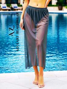 SALIDA DE PLAYA, FALDA LARGA, PAREO PARA MUJER CON AVERTURA HASTA LA CINTURA EN LOS 2 COSTADOS, TELA SEMITRANSPARENTE, SÚPER STRETCH, SEXY, CASUAL Y MUY A LA MODA. - Negro - Ver 2