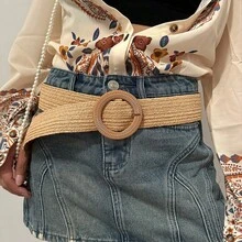 1pc/2pcs Bohemian Straw Waist Belt Set, Suitable For Women Summer Beach Vacation - Camel - View 4