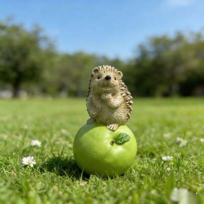 Cute Hedgehog Resin Figurine – Adorable Hedgehog On Green Apple Sculpture For Garden & Patio Decor | Whimsical Single-Piece Accent For Outdoor Flower Beds, Balcony Shelves & Lawn Displays | Weather-Resistant Animal Ornament To Add Playful Charm To Any Indoor/Outdoor Space