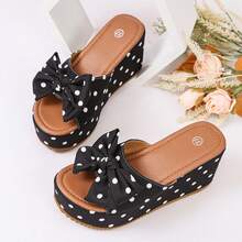 2026 女士凉鞋，黑白波点蝴蝶结厚底坡跟时尚凉鞋，女士时尚圆头套脚增高舒适凉鞋，适合春夏休闲、日常、派对穿着，可搭配连衣裙 - 黑色 - 查看 18