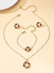 Women's Colorful Rhinestone Jewelry Set (4-Piece Set), Fashionable And Individual, Elegant And Chic, Hollow Round Pendant Necklace, Earrings, Bracelet - Multicolor - View 4