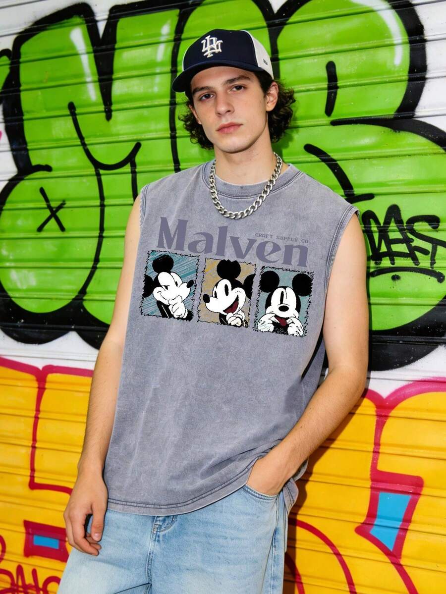 Disney Officially Licensed Mickey Mouse Malven Vintage Washed 230g Sleeveless Tank Top, Unisex Loose Oversized Tee, Men Women Retro Streetwear Summer Top - 灰色 - 查看 1