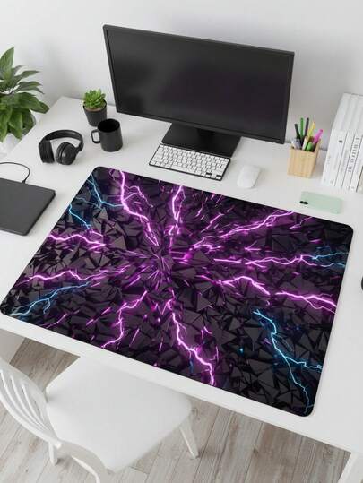 超大游戏桌垫和鼠标垫 - 紫蓝闪电裂纹设计，3D未来主义风格，防滑橡胶底座，光滑表面，可用作键盘垫、桌垫或书架，适用于游戏玩家、办公室和宿舍，电脑、办公和游戏环境，游戏玩家的理想礼物，兼容鼠标和轨迹球。