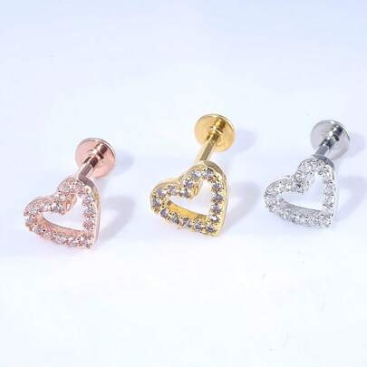 1 chiếc khuyên tai nhỏ hình trái tim rỗng tối giản, chất liệu hợp kim đồng đính đá Zirconia, thích hợp cho sụn tai, vành tai, môi, khuyên môi dạng vít, quà tặng trang sức cho nữ.