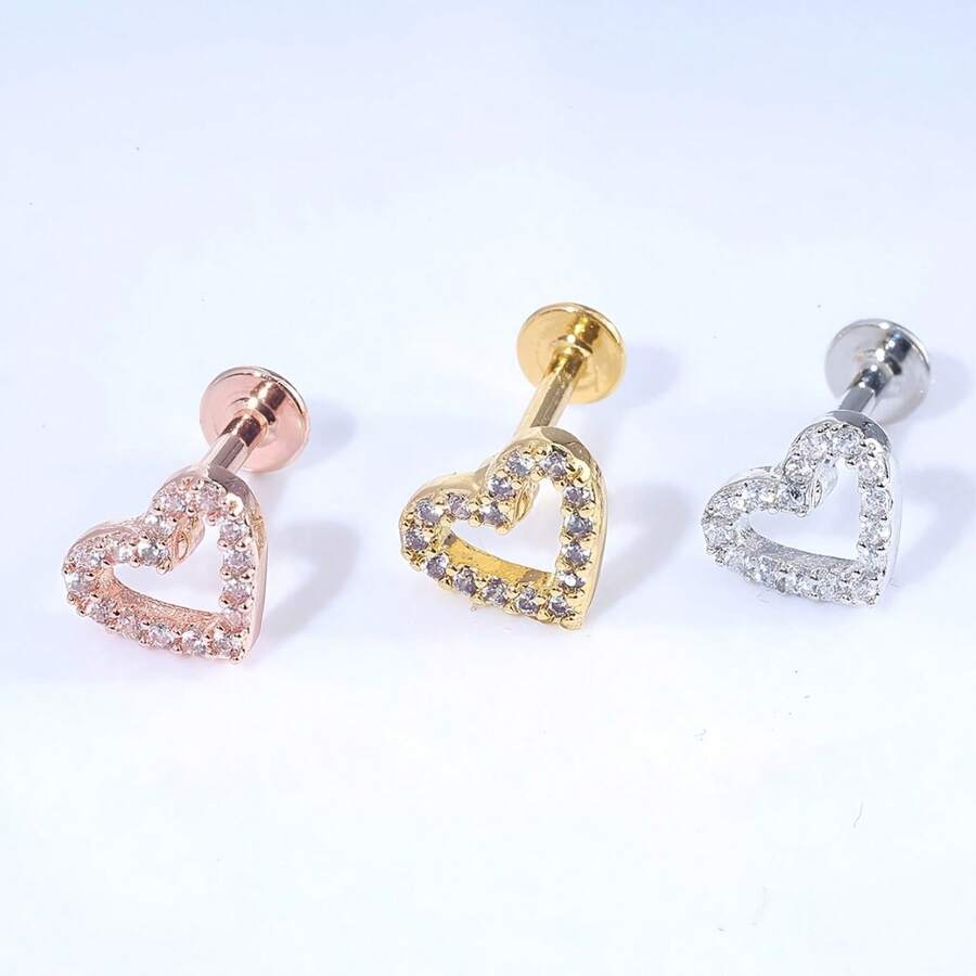 1 chiếc khuyên tai nhỏ hình trái tim rỗng tối giản, chất liệu hợp kim đồng đính đá Zirconia, thích hợp cho sụn tai, vành tai, môi, khuyên môi dạng vít, quà tặng trang sức cho nữ. - Nhiều màu - Xem 1