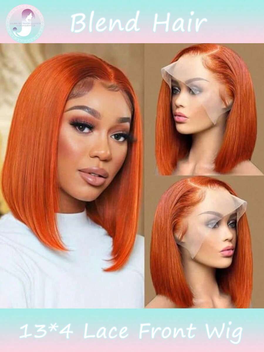 Ginger Bob Lace Front Wigs Human Hair For Women 8-16 Inch 13x4 Lace Frontal Straight Bob Orange Ginger Wig Lace Front Human Blended Hair Pre Plucked 180% Density Hairline With Baby Hair 350#(Blended Wigs-A Mix Of Human Blended Hair And Synthetic)Wigs Human Blended Hair/Women's Human Blended Hair Wig/Human Blended Hair Lace Front Wigs/Wigs Glueless/Bleached Knots/Pre Plucked/Lace Wig/Upgrade Your Look/Confidence Boost/Perfect Gift