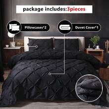 3 PCS Soft Luxury Black Pinch Pleat Quilt Duvet Cover Set Bedding For Bedroom With 2 Pillowcases Queen King Size Quilt Cover Set Zipper Closure,Summer & Festival Gift Quilt Doona Duvet Cover For Bedroom Decor,Easy To Clean, Machine Wash,Back To School Season - 黑色 - 查看 3