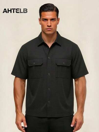 AHTELB Men's Casual Short Sleeve Shirt, Lightweight Breathable Solid Color Button-Up Shirt, Regular Fit Suitable For Daily Commute, Sports, Beach, Pool Party And Casual Wear