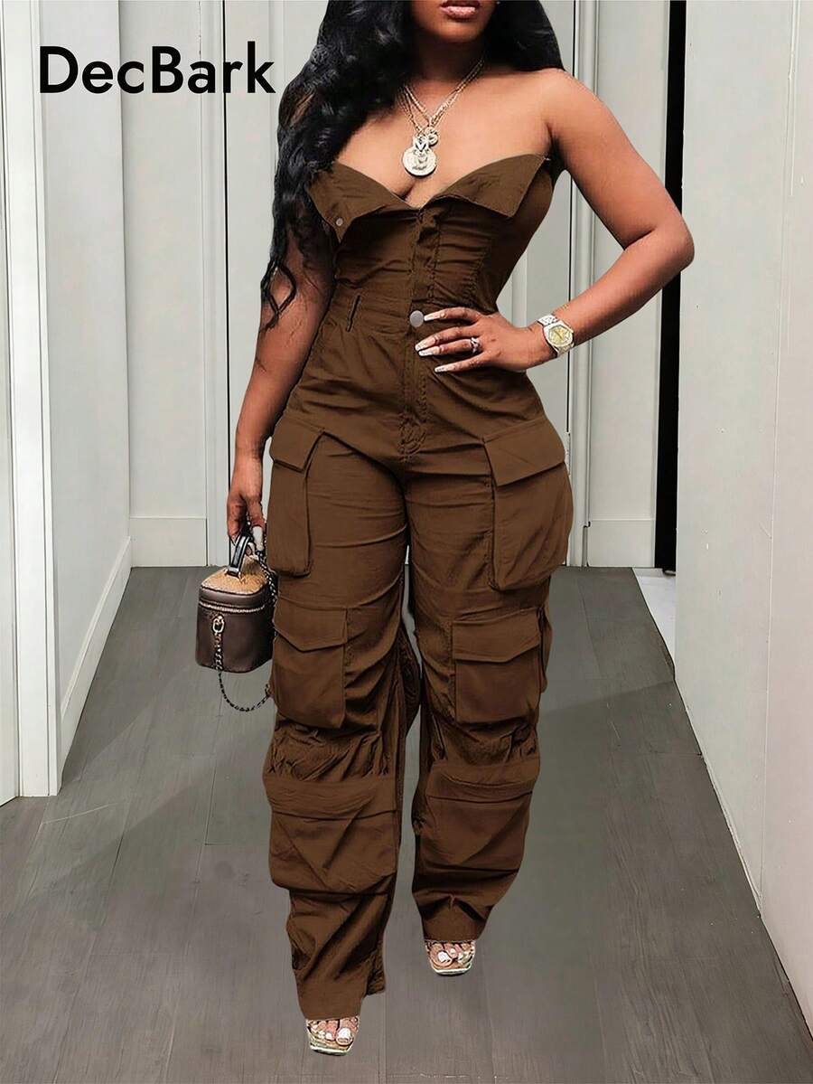 Jumpsuit Wanita Polos dengan Kantong Samping Model Tube - Coklat - View 1