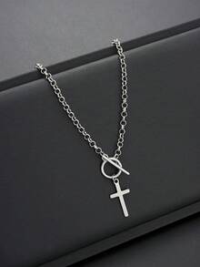 1件时尚嘻哈风格十字架OT锁吊坠项链，适合度假、派对、约会、日常佩戴 - 銀色 - 查看 4