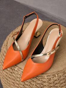 WHDXY Sepatu Hak Tinggi Tanpa Bagian Belakang Bergaya Retro Prancis Warna Oranye, Hak Asimetris Bergaris Bertekstur, Sepatu Pesta & Kencan yang Elegan - Burnt Orange - View 5