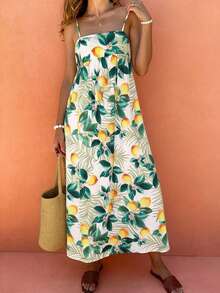 Women's Casual Elegant Vacation Style Lemon Leaf All-Over Print Spaghetti Strap Dress, Spring/Summer - Multicolor - View 2