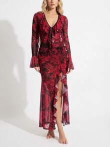 DOUCIU 2pcs Carp Print Sheer V-Neck Top And Long Ruffles Skirt Set Sexy Beach Vacation Sytle Outfit - Red - View 4