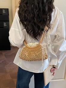 2026 Summer Beach Bag, Fashion Women's Shoulder & Crossbody Bag, Woven Hollow-Out Design Mini Pouch, Drawstring Straw Bag - Multicolor - View 11