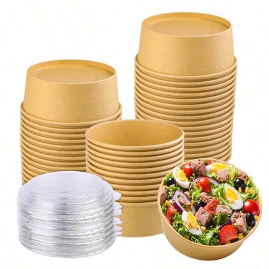 Paquete de 50 cuencos de papel grandes de 25 onzas con tapa cuencos de ensalada de papel contenedor de comida desechable contenedor de comida para llevar para sopa caliente/fría fiesta - 25 onzas 50 unidades - Ver 1