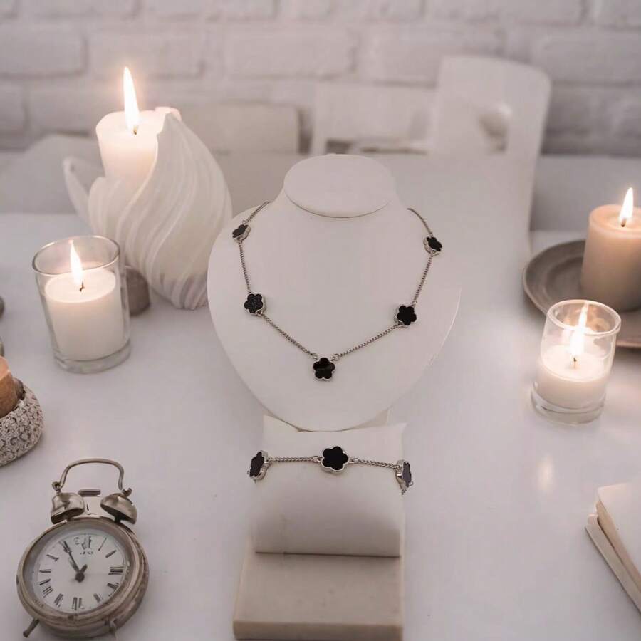 1pc Men's Fashion Business Style Lucky Clover Pendant Necklace With Chain And Bracelet Set, Valentine's Day Gift - Five-leaf Clover Silver - View 1