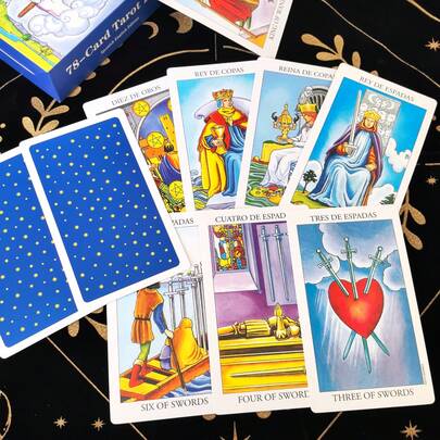 Bộ bài Tarot song ngữ Tây Ban Nha-Anh, kèm sách hướng dẫn bằng giấy, kích thước lá bài 12x7cm, 78 lá bài song ngữ, quà tặng Giáng sinh/sinh nhật, trò chơi bài giải trí, bói toán trong các bữa tiệc.