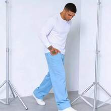 Men's Street Style Gray Loose And Casual Jeans, Straight Cut Washed Gray Jeans - 淺色水洗藍 - 查看 3