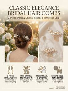 2件套迷你珍珠水晶发梳，优雅金色婚礼发夹，新娘伴娘花童小巧头饰 - 金色 - 查看 3