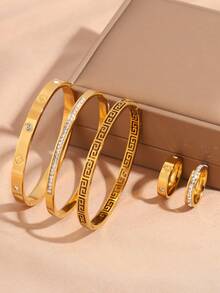 5件套优雅简约不锈钢手链+戒指，防褪色可水洗男女通用时尚配饰 - 金色 - 查看 3