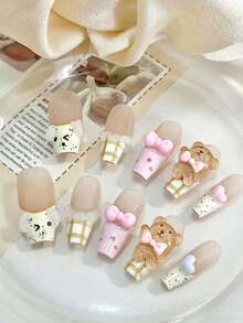 10 Pcs Long Coffin Press On Nails, Cute Cartoon Brown Bear, Pink Bow, Romantic French Design, Reusable, Suitable For Valentine's Day, Parties, Proms, Etc., With 1 Roll Of Adhesive Tape - Multicolor - View 7