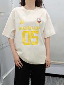 女士圆领短袖T恤，夏季新款数码图案字母印花，时尚休闲百搭宽松上衣 - 杏色 - 查看 2