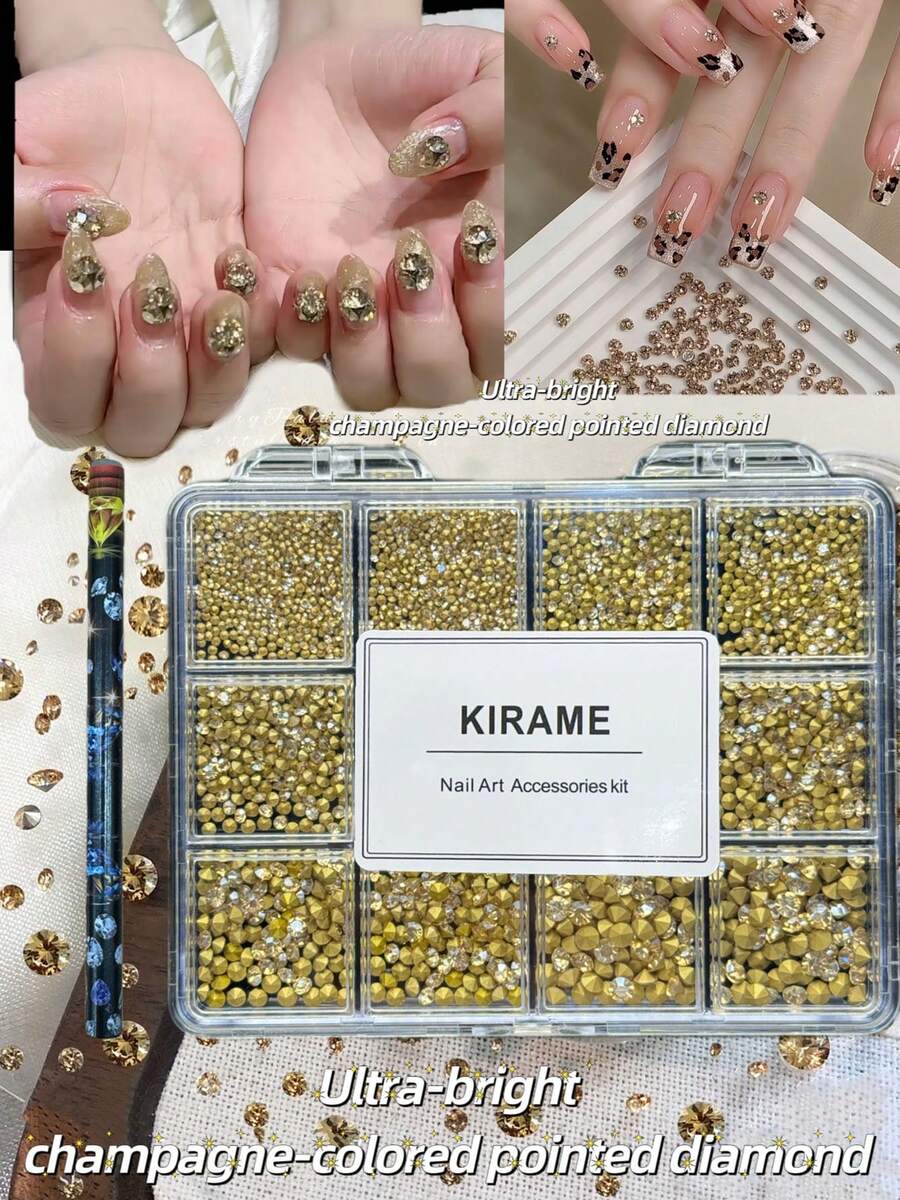 KIRAME 3600颗香槟色尖底水钻，K9玻璃圆钻，1.3-6.4mm混合尺寸美甲装饰套装，附赠1支点钻笔，适用于DIY美甲、美甲沙龙、美甲用品、圣诞美甲、新年节日礼物
