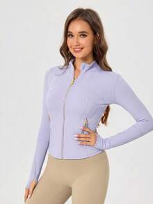 Women's Solid Color BBL Zip Up Sports Jacket With Pockets Gold Zipper High Stretch Lightweight Yoga Tennis Gym Workout Outerwear Workout Clothes Pickleball Clothes - Lilac Ether/Gold - 查看 6