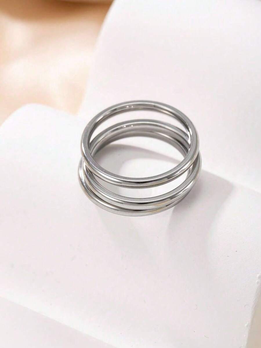 3 piezas Anillos minimalistas de acero inoxidable, anillos lisos y sin decoloración para mujeres, anillos minimalistas personalizados, anillos hipoalergénicos, anillos que se pueden usar en la ducha, anillos versátiles para uso diario, anillos de pareja, anillos de compromiso, anillos de boda, regalo conmemorativo - Plateado - Ver 1