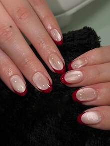 24片Y2K风格短款椭圆形水晶酒红色猫眼美甲贴纸，适用于白色法式中长款假指甲，猫眼亚克力材质，完美贴合亚克力假指甲，包含1瓶胶水和1套指甲锉，女士和女孩在工作、学习和派对上使用的DIY美甲用品 - 紅色 - 查看 7