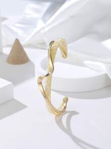 1 pieza Pulsera de estructura abierta, elegante y delicada para damas, pulsera de apertura de onda de dos tonos de doble capa, diseño de onda de doble capa, regalo conmemorativo de vacaciones - pulsera - Ver 2