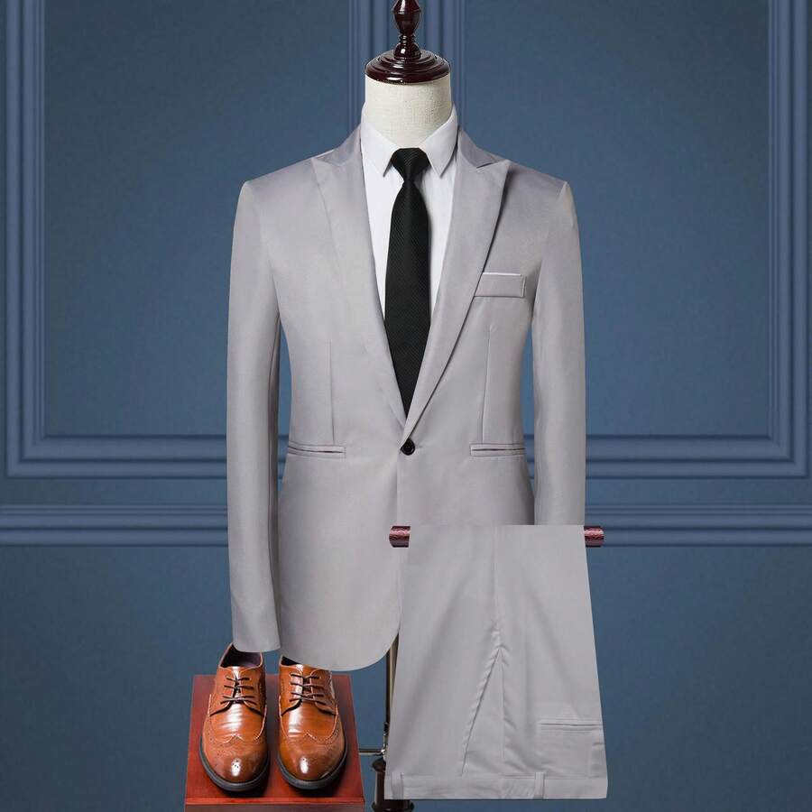 2026 Men's Suit Set, European And American Fashion Solid Color Business Casual Two-Piece Suit - Grey - View 1