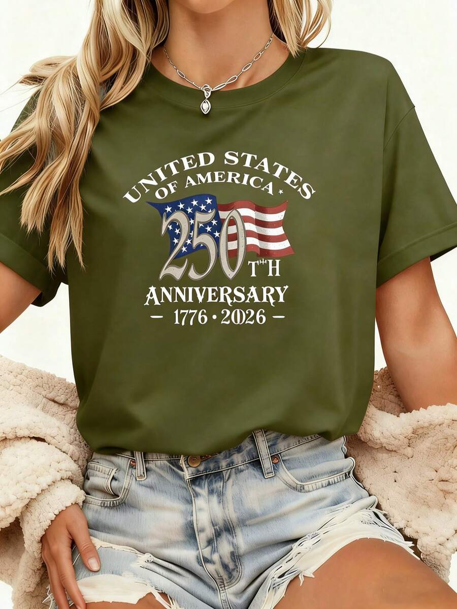 250th Anniversary American Flag T-Shirt - Heavyweight 250 Years Of Independence Celebration,4th Of Outfit - 軍綠色 - 查看 1