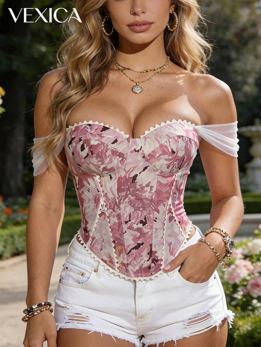 Vexica 女士时尚抹胸露脐上衣，采用露肩领口和不对称常规长度无袖设计，饰有精致的撞色蕾丝细节，优雅女士衬衫，白色适合新年装扮，粉色上衣，圣诞节