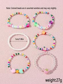 6pcs/Set Heart & Letter Beaded Fruit Polymer Clay Bracelet Set, Suitable For Girls Summer Holiday Wear, Birthday Gift, Random Colors - Multicolor - View 3