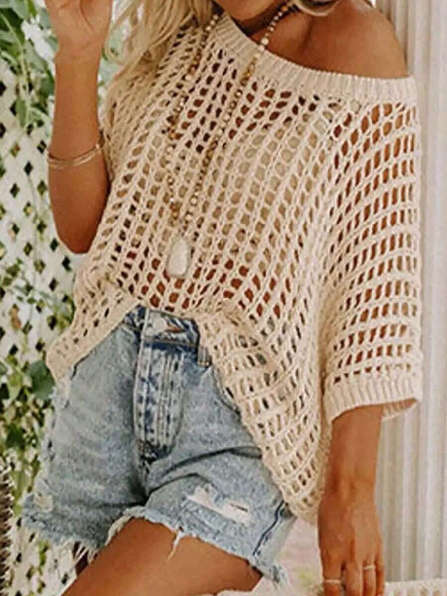 Summer Elegance Hollow-Out Short Sleeve Knit Sweater, Women's Beach Cover-Up - Apricot - View 1