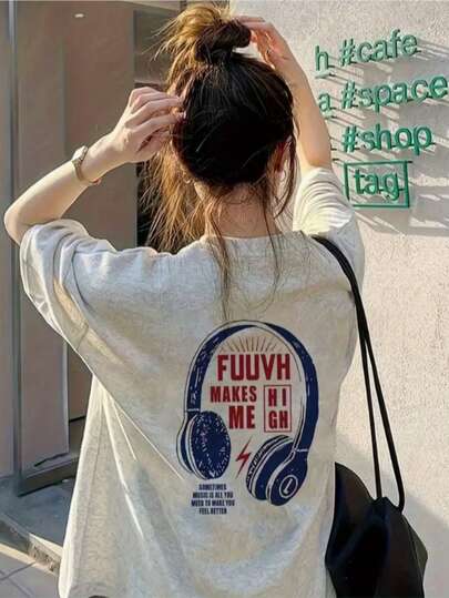 Japanese Style Loose Street Fashion Rabbit Graphic Print Short Sleeve T-Shirt, Summer