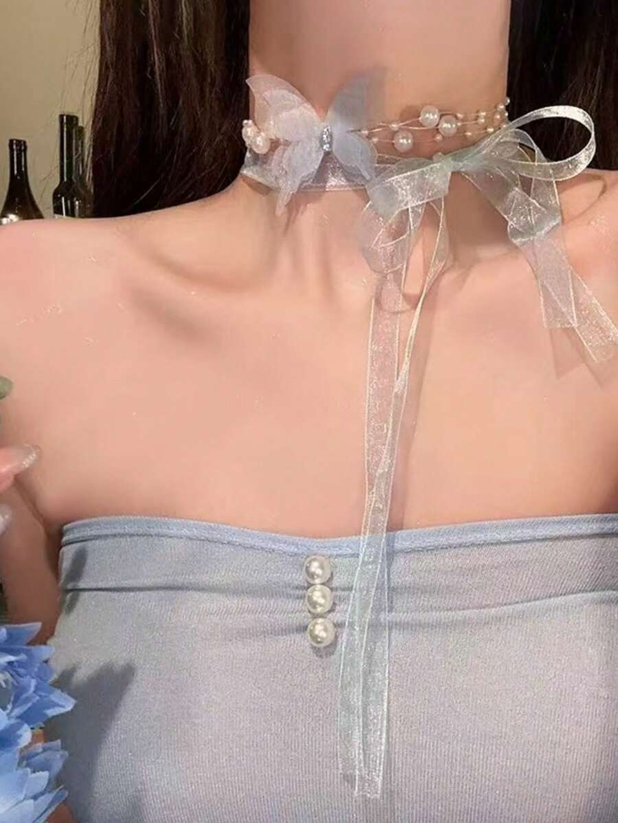 1件奢华优雅时尚白色蝴蝶仿珍珠项链，精致优雅，适合婚礼、日常佩戴、度假等场合。 - 淺藍色 - 查看 1