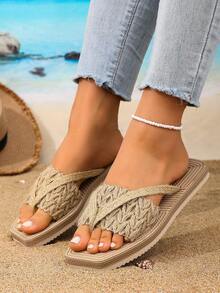 Dép xăng đan đế bằng quai dệt cho nữ, kiểu dáng bohemian retro, chất liệu vải lanh, mũi vuông, dép xỏ ngón thoải mái đi biển, dép lê đế bằng màu kaki. - Màu Khaki - Xem 3