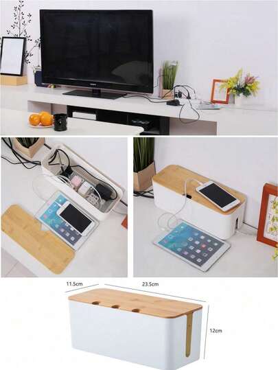 1 Pc Large Cable Management Box With Bamboo Lid - Hide Cords And Surge Protectors On Desk Or Floor